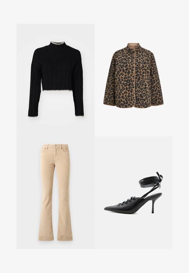 Brun og sort leopardprintet fleecejakke med trykknapper, ståkrave, lange ærmer og to forlommer.; Sort cropped sweater med ribbet tekstur, høj hals, lange ærmer og kontrastfarvet hvidt kant langs kanten og ærmerne.; Beige fløjsbukser med flagrende ben, tekstureret finish, to frontlommer, lynlås og detalje med sølvfarvet knap.; Sort spids sko med høje hæle, snørelukning foran og omlægning omkring anklerne bundet med sløjfe, vist fra siden på hvid baggrund.