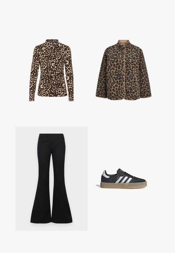Chaqueta de forro polar con estampado de leopardo marrón y negro, con botones a presión, cuello alto, mangas largas y dos bolsillos delanteros.; Top de manga larga con cuello alto, estampado de leopardo en tonos marrón y beige, con detalles de fruncido en la parte frontal para dar forma.; Pantalones de campana negros feitos de un tejido suave, con un corte ajustado en la parte superior y piernas anchas, sin adornos ni bolsillos visibles.; Zapatilla deportiva de cuero negro con tres rayas plateadas, punta texturizada y suela de goma. Cuenta con un collar acolchado y un diseño con cordones.
