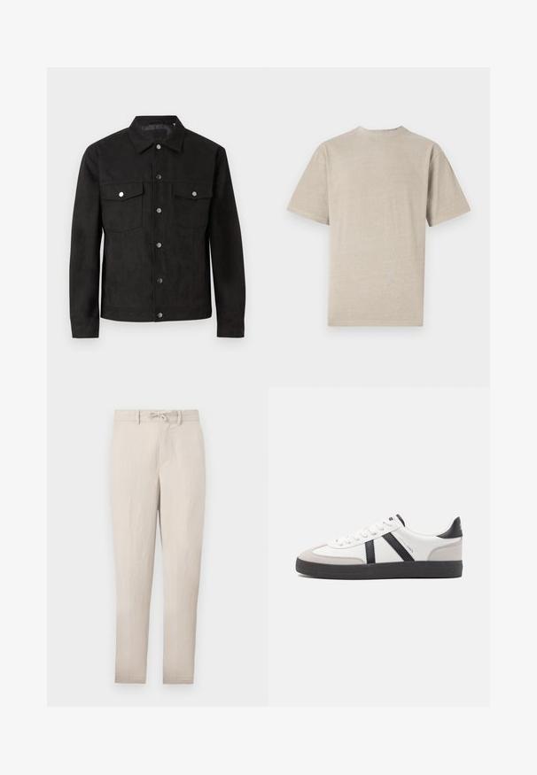 Veste en suede noire avec un devant boutonné, deux poches sur la poitrine et des boutons-pression en métal. Caractéristiques : un col classique et une texture lisse.; T-shirt à manches courtes en beige clair avec un col rond, fabriqué en tissu doux, présentant une texture lisse et un design simple sans graphismes.; Pantalons taper beige légers avec taille à cordon, devant plat et peu de plis. Comprend des passants de ceinture et des poches latérales.; Baskets blanches avec des accents noirs et gris, présentant un embout texturé gris, une semelle en caoutchouc noir et des lacets plats blancs. Design épuré, style minimaliste.