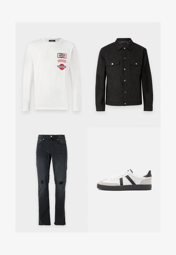 Chaqueta de ante negro con cierre de botones en la parte delantera, dos bolsillos en el pecho y botones a presión de metal. Presenta un cuello clásico y una textura suave.; Camisa blanca de manga larga con tres parches rojos y negros en el lado izquierdo del pecho: "REPLAY", "SPECIALIST" y un logo de una V alada.; Jeans de mezclilla negra con corte slim, sutiles desgastes, dos roturas en las rodillas y estilo tradicional de cinco bolsillos con cierre de botón.; Zapatilla blanca con acentos en negro y gris, que presenta una puntera texturizada en gris, suela de goma negra y cordones planos blancos. Diseño limpio, estilo minimalista.