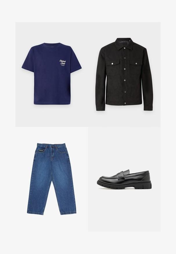 Chaqueta de ante negro con cierre de botones en la parte delantera, dos bolsillos en el pecho y botones a presión de metal. Presenta un cuello clásico y una textura suave.; Camiseta de algodón azul marino de manga corta, cuello redondo y pequeño gráfico de texto blanco en la parte frontal izquierda. Diseño simple de color sólido.; Jeans azul de mezclilla de pierna ancha con botón y cremallera delanteros, cinco bolsillos y una pequeña etiqueta rectangular de la marca en el bolsillo frontal derecho.; Mocasin de cuero negro con una cinta ancha en el empeine, suela de goma con tacos gruesos y textura suave. Diseño clásico y elegante.