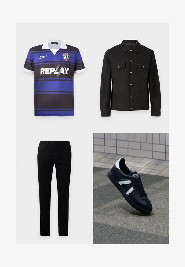 Chaqueta de ante negro con cierre de botones en la parte delantera, dos bolsillos en el pecho y botones a presión de metal. Presenta un cuello clásico y una textura suave.; Camisa de fútbol negra y azul con rayas horizontales, cuello blanco y logo "REPLAY". Presenta un emblema de escudo con estrellas encima.; Jeans de denim negro con un corte ajustado, diseño de cinco bolsillos y una textura suave. Presentan herrajes metálicos y detalles de costura sutiles.; Zapatilla de cuero negra con rayas blancas, suela de goma texturizada y parte frontal con cordones. Cuenta con una etiqueta de marca en la lengüeta.