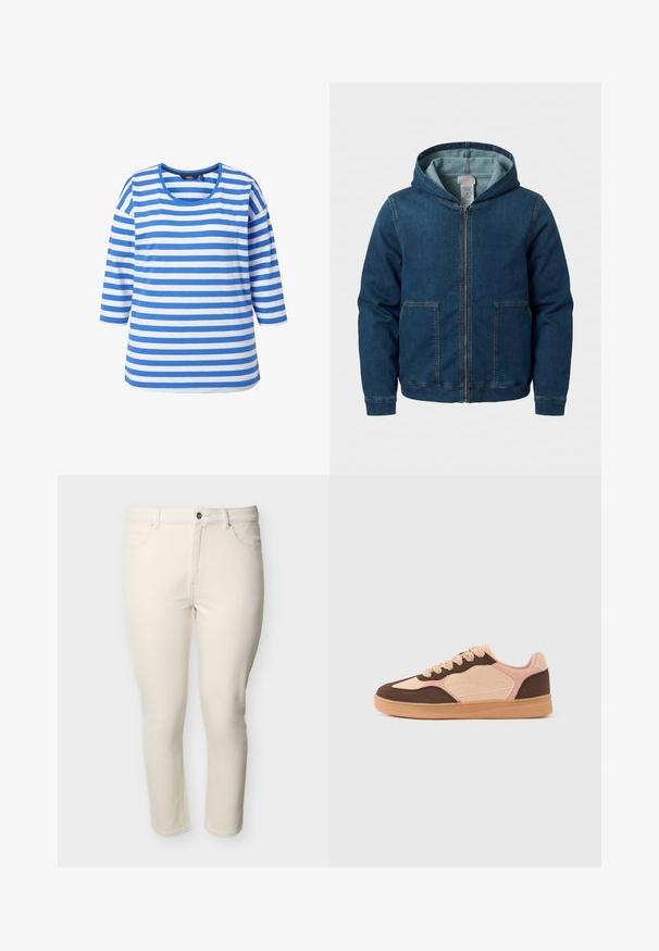 Denimmelblauwe gewatteerde jas met capuchon, ritssluiting aan de voorkant en twee grote voorzakken, afgebeeld tegen een eenvoudige witte achtergrond.; Blauw-witte gestreepte T-shirt met een ronde hals, 3/4 mouwen, gemaakt van lichtgewicht stof. Heeft horizontale strepen en een relaxte pasvorm.; Hoog getailleerde, slimfit jeans in crème kleur met knoop- en ritssluiting aan de voorkant, ceintuurlussen en vijfzakkenontwerp.; Casual sneaker met lichtbeige, zachtroze en donkergroene suède panelen, vetersluiting en een profielzool van gumrubber tegen een effen achtergrond.