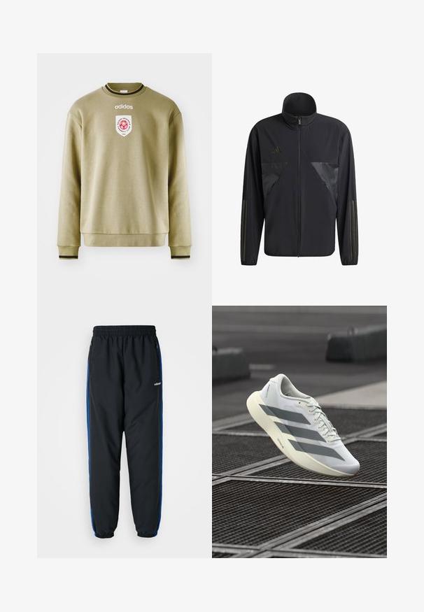 Sort jakke med høj krave, lynlås lukning og kontrastfarvede, blanke paneler på brystet og ærmerne i et struktureret stof.; Olivengrøn sweatshirt med rund hals, ribstrikkede manchetter og kant. Har et broderet logo og et mærke med røde accenter. Glat tekstur.; Sorte atletiske bukser med elastisk talje, blå sideløb, lynlåslommer og tætsiddende benafslutninger for en stram pasform. Lavet af let materiale.; Hvid sportssko med et struktureret mesh-overmateriale, der har grå striber og en polstret sål. Letvægtsdesign, der er velegnet til løb.