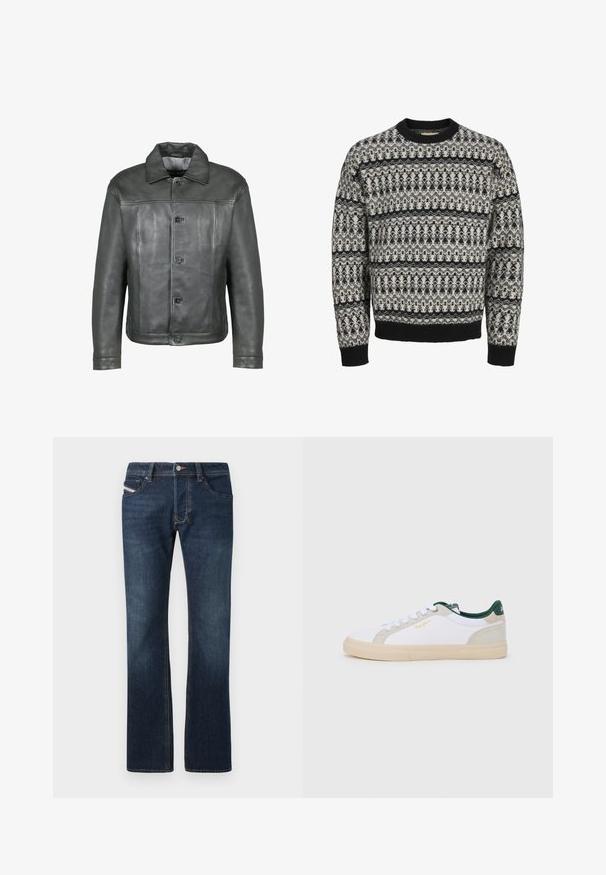 Graue Lederjacke mit knöpfbarem Vorderteil, flachem Kragen und zwei Brusttaschen. Glatte Textur und maßgeschneidertes Design mit minimalen Details.; Schwarz-weiß gemusterter Strickpullover mit langen Ärmeln, Rundhalsausschnitt sowie gerippten Bündchen und Saum.; Dunkelblaue Denim-Jeans mit geradem Bein, fünf Taschen und dezenten Nähten. Mit Metallknopf und Reißverschluss.; Weiße Sneakers mit Wildlederakzenten in Hellgrau und Dunkelgrün, ausgestattet mit flachen weißen Schnürsenkeln, einer beigefarbenen Gummisohle und goldfarbenem Logodetail.