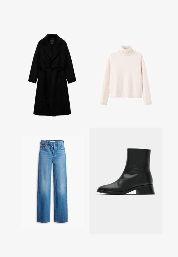 Sort uldblandingsfrakke med notched krave, lange ærmer og et matchende bælte i taljen. Har et minimalistisk design og en glat tekstur.; Lyserød turtleneck sweater lavet af blødt strikket stof, har ribbet krave og manchetter, med en afslappet pasform og minimalistisk design.; Blå denimjeans med høj talje, vidde ben og fem lomme-design. Har en knaplukning og en falmet finish.; Sort ankelstøvle lavet af blank læder, med et strømlinet design, spids tå og en moderat blokhælhøjde for stabilitet.