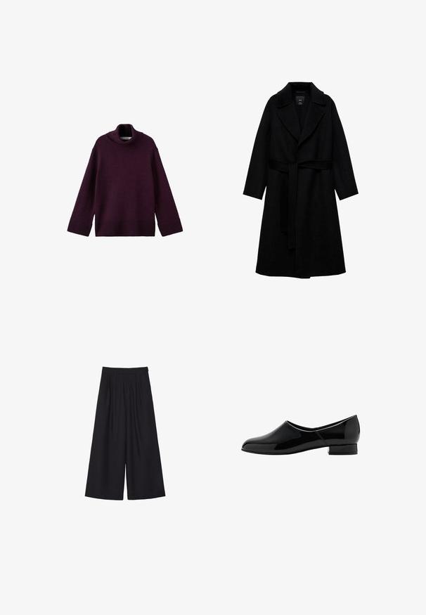 Sort uldblandingsfrakke med notched krave, lange ærmer og et matchende bælte i taljen. Har et minimalistisk design og en glat tekstur.; Lilla, chunky strikket turtleneck sweater med ribbede manchetter og kant, der har en løs pasform og tekstureret stof.; Sorte vide bukser med draperinger, lavet af et glat stof. Har høj talje og et rent, skræddersyet snit.; Sort patentlæder slip-on sko med rund tå og lav, blokhælhælk. Glat overflade, minimalistisk design, ingen synlige udsmykninger.