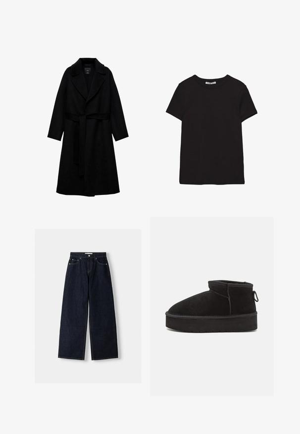 Sort uldblandingsfrakke med notched krave, lange ærmer og et matchende bælte i taljen. Har et minimalistisk design og en glat tekstur.; Sort kortærmet t-shirt i bomuld med rund halsudskæring, standard pasform og synlig indvendig halsmærkat.; Mørkeblå denim wide-leg jeans med høj talje, fem lommer, kontraststing og sølvfarvet metalbeslag. Glat overflade og pæn finish.; Sorte ruskinds ankelstøvler med en rund tå, der har en forhøjet sål og en sidesløjfe for nem påtagning. Designet er enkelt med minimale detaljer.
