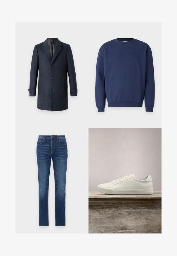 TOM TAILOR CLASSIC COAT - Klassischer Mantel - blue; Marineblaues Sweatshirt aus weichem Stoff, mit rundem Ausschnitt und gerippten Bündchen. Enthält ein dezentes Logo auf der Brust.; Dunkelblaue Denim-Jeans mit klassischem gerade geschnittenem Schnitt, Fünf-Taschen-Design und leichtem Verblassen an den Beinen. Mit Knopf- und Reißverschluss.; Weiße Schnürsneaker, die über einer Holzbank mit grünem Laub im Hintergrund schweben und das Schuhdesign sowie die Textur zeigen.
