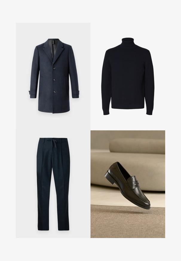 TOM TAILOR CLASSIC COAT - Klassisk frakke - blue; Sort langærmet strikket rullekrave sweater med ribstrikkede ærmekant og kant, vist på hvid baggrund.; Marineblå bukser lavet af tekstureret stof, med elastisk talje, lige ben og to frontfældinger for et skræddersyet udseende.; Sort lædersko med slip-on design, svævende over beige tæppe med beige sofa i baggrunden, der fremhæver klassisk herrestil.