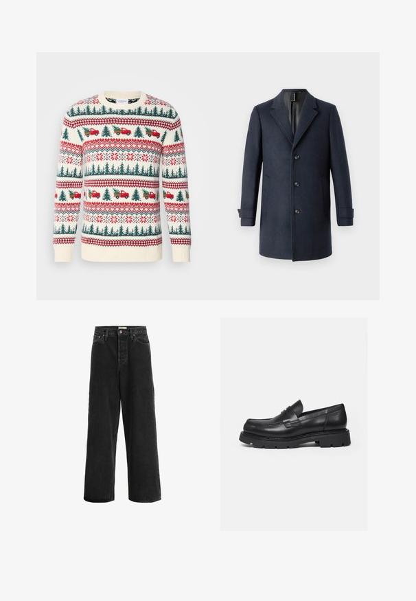 TOM TAILOR CLASSIC COAT - Klassischer Mantel - blue; Strickpullover mit einer cremefarbenen Basis, roten und grünen Mustern von Bäumen, Lastwagen und Schneeflocken, mit gerippten Bündchen und Saum.; Schwarze weit geschnittene Jeans aus Denim. Sie verfügt über eine hohe Taille, zwei Fronttaschen, einen Knopfverschluss und dezente Nähte.; Schwarzer Lederloafer mit dicker, profilierter Sohle und Pennyriemen-Detail, von der rechten Seitenansicht auf weißem Hintergrund gezeigt.