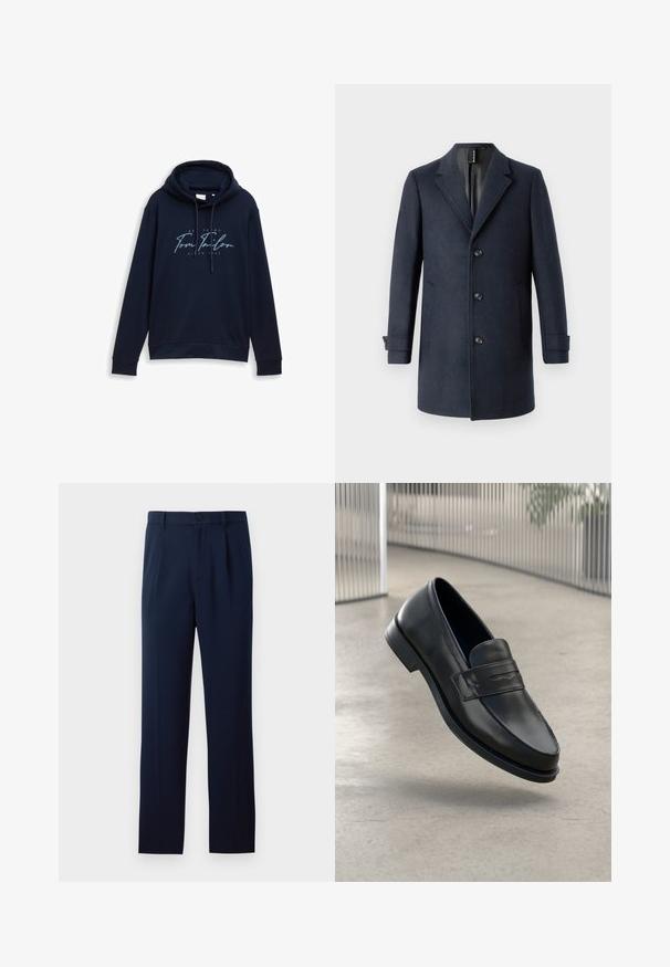 TOM TAILOR CLASSIC COAT - Klassischer Mantel - blue; Navyblauer Kapuzenpullover mit Kordelzügen, versehen mit einem auffälligen weißen und hellblauen Logo-Text "Tom Tailor" und dem Jahr 1962. Weicher Stoff.; Marineblaue Hose aus glattem Stoff, mit einem einzigen Knopfverschluss, Falten und geraden Beinen. Minimalistisches Design ohne auffällige Muster.; Schwarzer Lederloafer mit glatter Textur, spitzer Zehe und einem dekorativen Riemen über dem Rist. Leichte Sohle, minimalistisches Design.