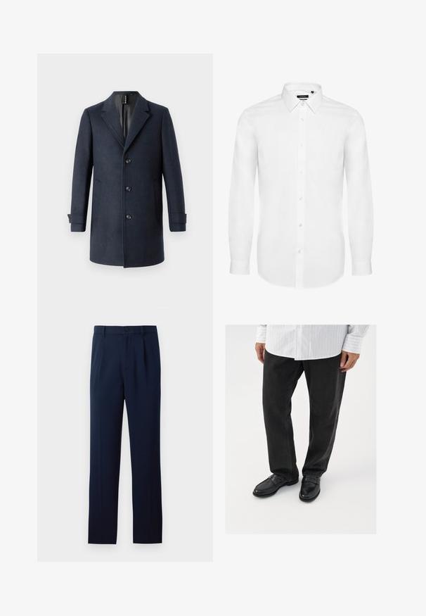 TOM TAILOR CLASSIC COAT - Mantel - blue; Witte overhemd met lange mouwen van geweven stof, voorzien van een button-down kraag, een voorplacket met knopen en mouwen met manchetten. Minimale uitstraling.; Marineblauwe broek van gladde stof, met een enkele knoopsluiting, plooien en rechte pijpen. Minimalistisch ontwerp zonder merkbare patronen.; Zwarte denim broek gecombineerd met glanzende zwarte instappers. Het shirt is wit met dunne verticale strepen, heeft lange mouwen en een geknoopte kraag.