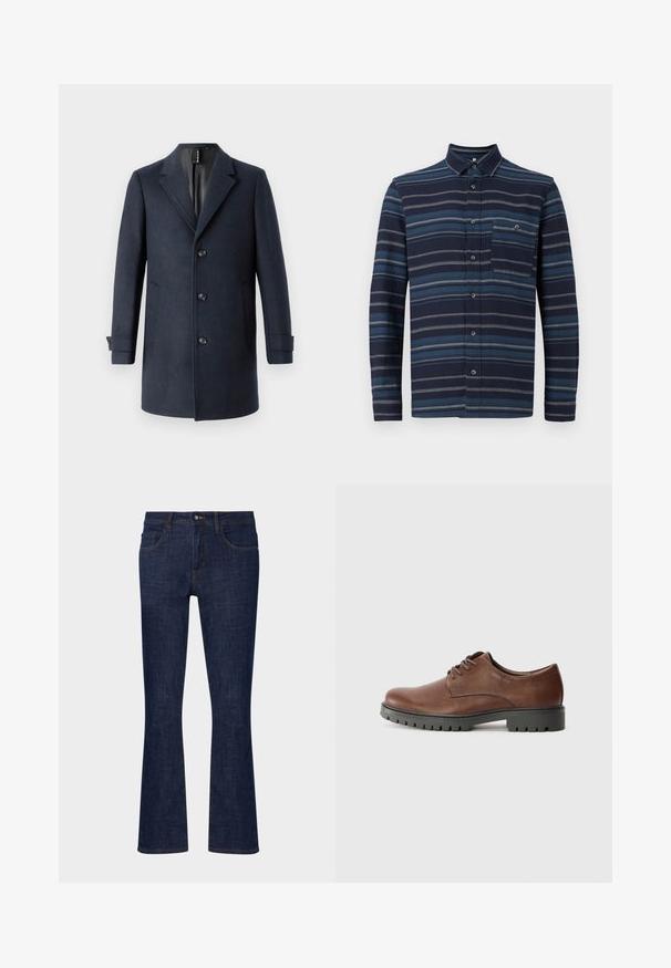 TOM TAILOR CLASSIC COAT - Κλασικό παλτό - blue; Πουκάμισο με μακριά μανίκια και κουμπιά, σε ναυτικό φόντο με ποικιλία μπλε οριζόντιων ρίγες, κολάρο και τσέπη στο στήθος. Μαλακή υφή υφάσματος.; Σκούρο μπλε τζιν παντελόνι με φαρδύ καβάλο, μέσης μέσου ύψους, πέντε τσέπες και αντίθετη ραφή. Λείος υφασμάτινος τύπος με ελάχιστη φθορά.; Καφέ δερμάτινο οξφόρδιο παπούτσι με λεία υφή, στρογγυλή μύτη και μαύρη καουτσούκ σόλα με σχέδιο αντίκτυπου. Κορδόνια προσαρτημένα μπροστά.