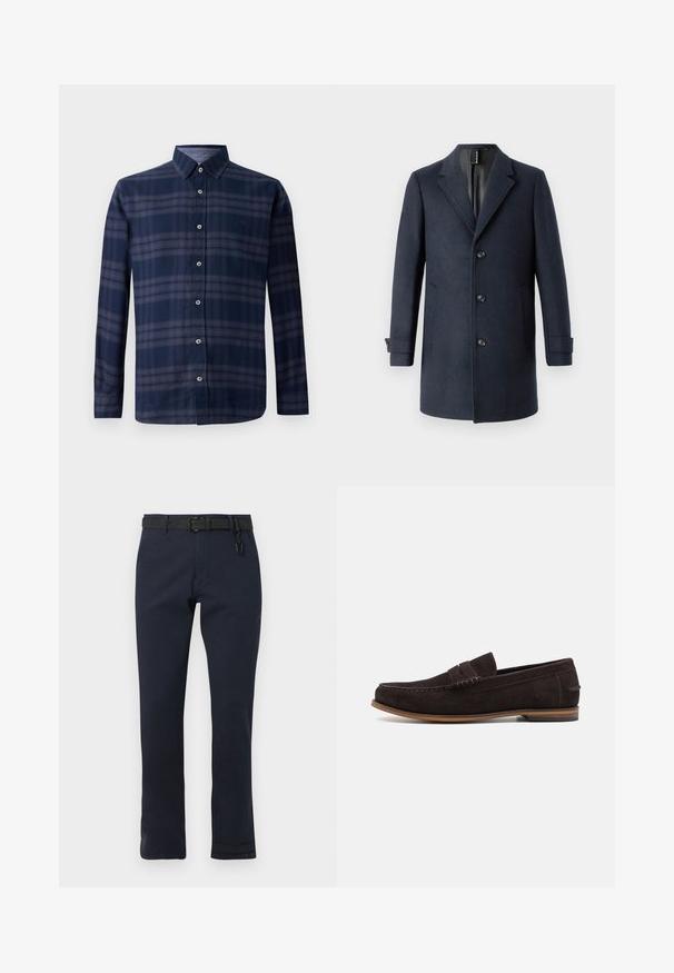 TOM TAILOR CLASSIC COAT - Klassisk frakke - blue; Langærmet skjorte i marineblå plaid med knappet front og spids krave, præsenteret mod en hvid baggrund.; Mørkeblå bukser med lige snit, konstrueret af slidstærkt stof. Har et sort bælte og et enkelt design uden mønstre.; Mørkebrun ruskinds loafers med rund tå, tekstureret overflade og lys brun gummisål. Har en dekorativ rem over vorderen.
