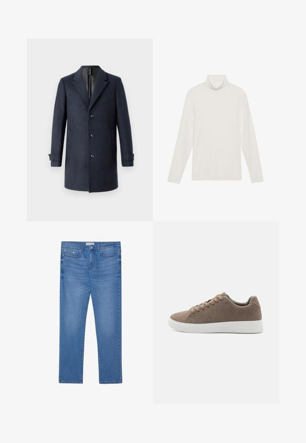 TOM TAILOR CLASSIC COAT - Klassischer Mantel - blue; Langarm-Turtleneck-Oberteil in Weiß. Weicher, dehnbarer Stoff mit einer engen Passform. Verfügt über einen hohen Kragen und minimale Nahttäuschungen.; Hellblaue Denim-Jeans mit geradem Bein, Fünf-Taschen-Design, subtilen Verwaschungen und metallischen Akzenten an der Taille und den Taschen.; Braune Wildledersneaker mit flachen weißen Gummisohlen, Schnürdesign, abgerundete Zehen und einer glatten Textur. Minimalistischer Stil mit dezenten Nähdetails.