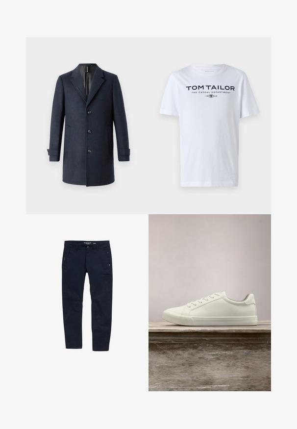 TOM TAILOR CLASSIC COAT - Klassisk frakke - blue; Hvid bomulds t-shirt med rund hals, korte ærmer og navy tekst, der læser "TOM TAILOR THE CASUAL DEPARTMENT 1962."; Mørkeblå bukser lavet af bomuld med lige snit. Har to sidelommer og knaplukning. Minimalistisk design med subtile detaljer.; Hvide snørresneakers svævende over en træbænk med grønne planter i baggrunden, der fremhæver skodesign og tekstur.