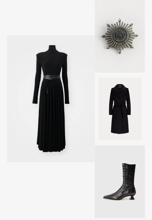 Abrigo negro de lana hasta la rodilla con solapas anchas y cinturón de tela atado a la cintura, mangas largas y corte entallado.; Norma Kamali SHOULDER PAD TURTLE FLARED DRESS TO MIDCALF - Vestido ligero - black; Botín de cuero negro hasta el tobillo con punta afilada, cordones en la parte delantera, ojetes metálicos, tacón bajo y un diseño elegante. Textura suave, silueta moderna.; Broche en forma de estrella en metal de tono plateado con rhinestones transparentes. El diseño central presenta un emblema circular con un detallado intrincado.