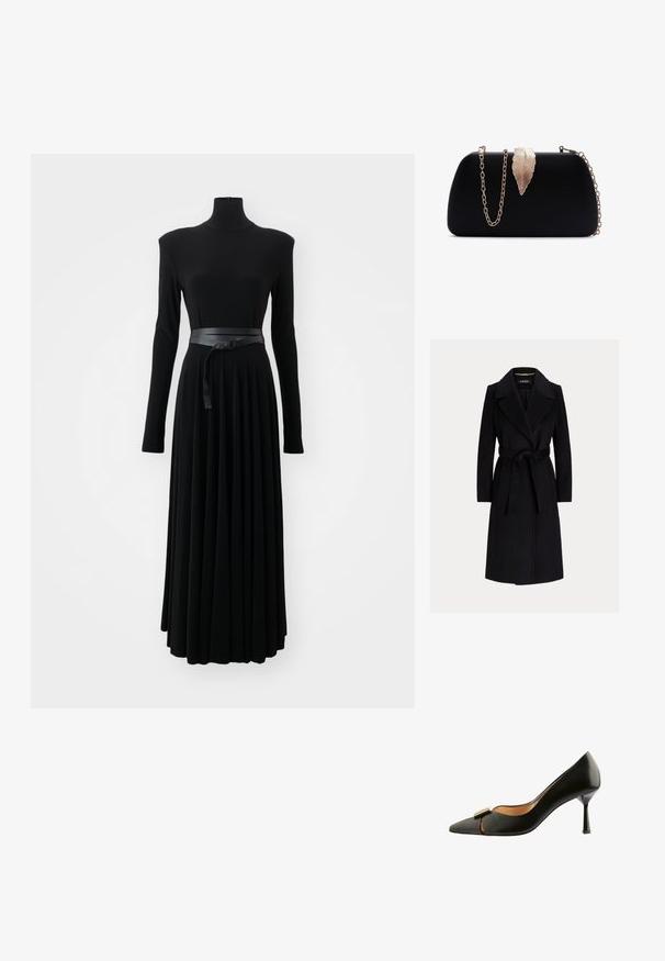 Abrigo negro de lana hasta la rodilla con solapas anchas y cinturón de tela atado a la cintura, mangas largas y corte entallado.; Norma Kamali SHOULDER PAD TURTLE FLARED DRESS TO MIDCALF - Vestido ligero - black; Zapato de salón negro de cuero con puntera puntiaguda, diseño recortado y adorno de herrajes en tono dorado. Cuenta con un tacón delgado y angular, textura lisa.; Bolso clutch rectangular negro con cierre en forma de hoja dorada y cadena dorada a juego sobre un fondo blanco.