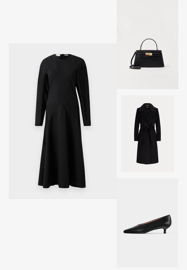 Manteau en laine noir longueur genoux avec larges revers et ceinture en tissu nouée à la taille, manches longues et coupe ajustée.; Robe midi noire à manches longues avec un haut ajusté et une jupe évasée, dotée d'un col rond et d'une fermeture éclair au dos.; Escarpin en cuir noir avec un bout pointu et un petit talon bas, présenté en profil latéral sur un fond clair uni.; Sac à main en cuir noir avec une forme trapézoïdale structurée, un fermoir en métal doré et des coutures blanches contrastantes. Comprend une courte poignée et une longue bandoulière.