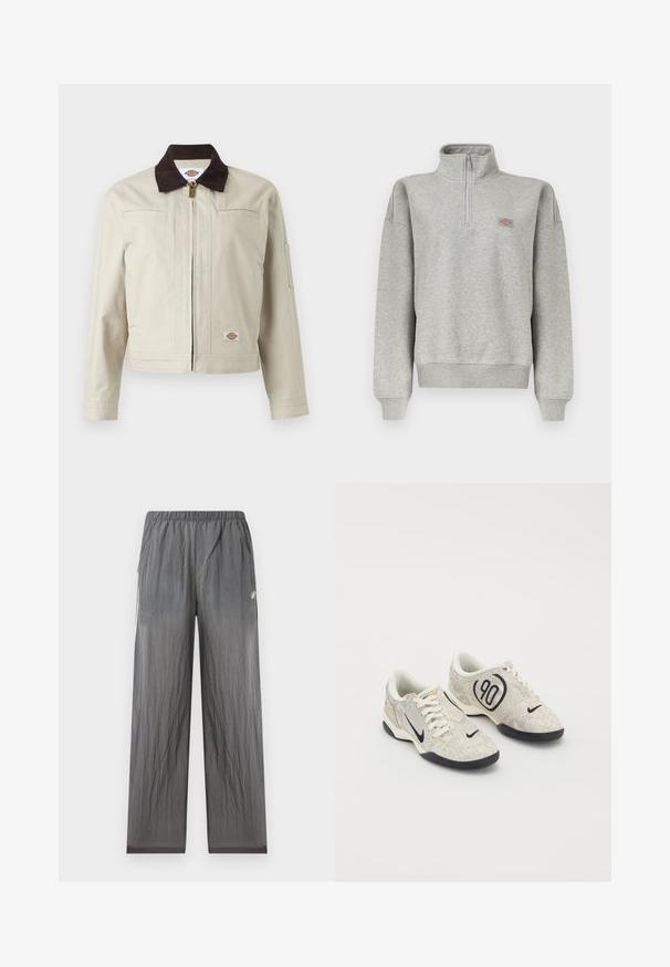 Chaqueta beige con cremallera, cuello marrón oscuro, bolsillos en el pecho y parche de logo en el dobladillo inferior, presentada sobre un fondo liso.; Sudadera gris claro con cremallera de un cuarto, puños y dobladillo acanalados, con un pequeño parche de logo multicolor en el pecho izquierdo.; Pantalones deportivos grises y ligeros con cintura elástica, bolsillos laterales y pequeño logotipo blanco de New Balance en la cadera derecha.; Zapatillas Nike con un upper texturizado en beige y gris, acentos negros, un gran logo de "90" y un cierre de cordones blancos. Suela negra.