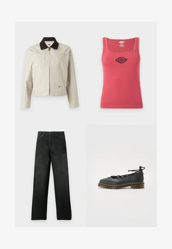 Beige jakke med lynlås, mørkebrun krave, brystlommer og logo på nederste kant, vist mod en ensfarvet baggrund.; Rød ribbet tanktop med firkantet halsudskæring og sort Dickies-logo centreret på brystet, størrelse small.; Sorte denimjeans med lige ben, forlommer og bæltestropper, knap- og lynlåslukning, vist på en ensfarvet baggrund.; Sort lædersko med rund tå, lav hæl, snøre detaljer og gul stitching langs sålen. Glat tekstur med en mat finish.