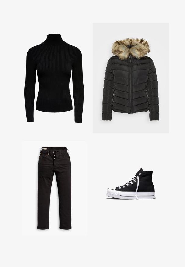 Veste rembourrée noire avec des coutures horizontales, capuche attachée avec bord en fausse fourrure, fermeture éclair à l'avant et poches latérales avec des accents métalliques.; Pull noir en maille côtelée à col roulé, avec des manches longues, au design ajusté et à la texture lisse. Doté d'un col haut et de manches resserrées.; Jean noir à jambe droite avec fermeture à boutons, poches avant et arrière, et détails en rivets cuivrés sur fond blanc.; Baskets montantes en toile noire avec semelle en caoutchouc blanche et lacets blancs, vues de côté sur un fond blanc.