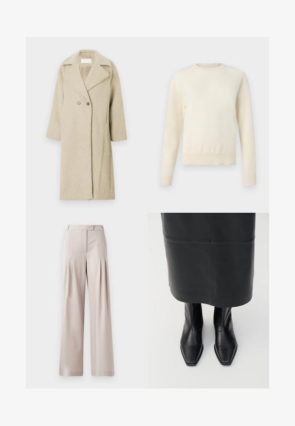 Beige uldblandingsfrakke med klapkrave, dobbeltradede knapper og mellemlange ærmer. Glat tekstur med lige snit.; Lys cremefarvet sweater med lange ærmer, rund halsudskæring og ribbenet kant. Lavet af et blødt materiale med en glat tekstur.; Beige vidde bukser med en glat tekstur, plisseret frontdesign og en skræddersyet talje. Velegnet til formelt eller afslappet brug.; Sorte læder støvler med høj ankel, firkantet tådesign og sideskilt. Glat tekstur og minimal hardware; sammen med en sort lædernederdel.