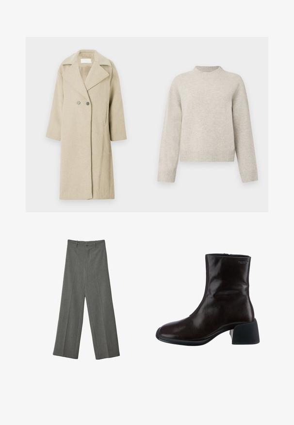 Manteau en mélange de laine beige avec un col à revers, des boutons double-breasted et des manches mi-longues. Texture lisse avec une coupe droite.; Pull en tricot épais gris clair avec un col rond, des épaules tombantes et des bords côtelés aux poignets et à l'ourlet. Texture douce, coupe décontractée.; Pantalons gris à jambes larges en tissu texturé, dotés d'un pli devant et de deux poches, avec une fermeture à bouton unique à l'avant.; Vagabond ANSIE - Bottines - braun
