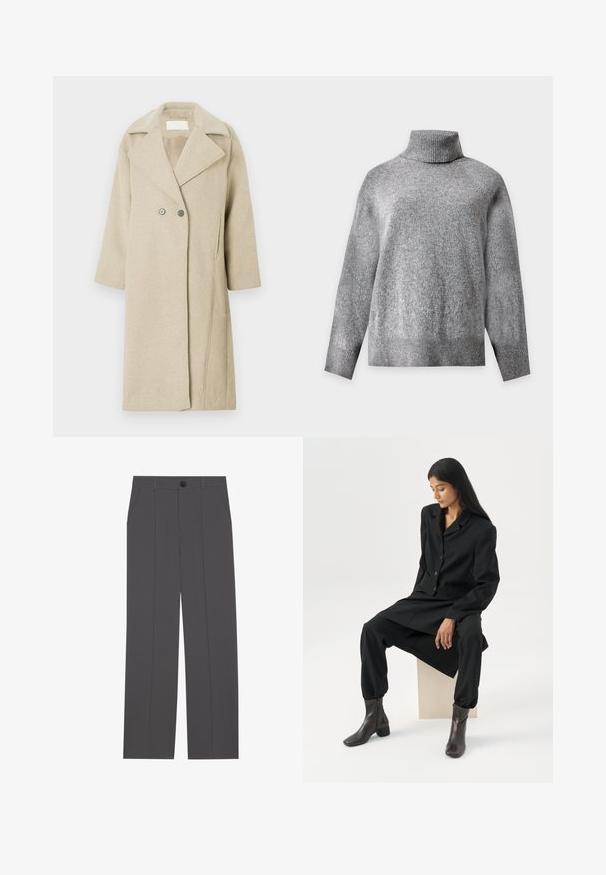 Manteau en mélange de laine beige avec un col à revers, des boutons double-breasted et des manches mi-longues. Texture lisse avec une coupe droite.; Pull col roulé gris tricoté à manches longues avec poignets et ourlet côtelés, présenté sur un fond clair uni.; Pantalons gris avec une coupe droite, comprenant deux poches latérales et une fermeture à bouton. Tissu lisse sans motifs ni accents visibles.; Femme aux longs cheveux foncés assise, portant un blazer noir ample, un pantalon large assorti et des bottines foncées, sur un fond blanc uni.