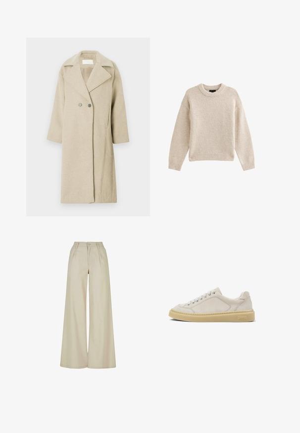 Abrigo de mezcla de lana beige con cuello muesca, botones de doble botonadura y mangas de longitud media. Textura suave con un corte recto.; Jersey de punto beige con cuello redondo, mangas largas y dobladillo acanalado. Tela texturizada con una apariencia suave. Diseño simple y versátil.; Pantalones beige de pierna ancha con cintura alta, pliegues en la parte delantera, trabillas para cinturón y cierre con botón.; Zapatilla de ante beige de corte bajo con cordones blancos y suela gruesa de goma color caqui, logo de Camper en relieve en el lateral del talón.