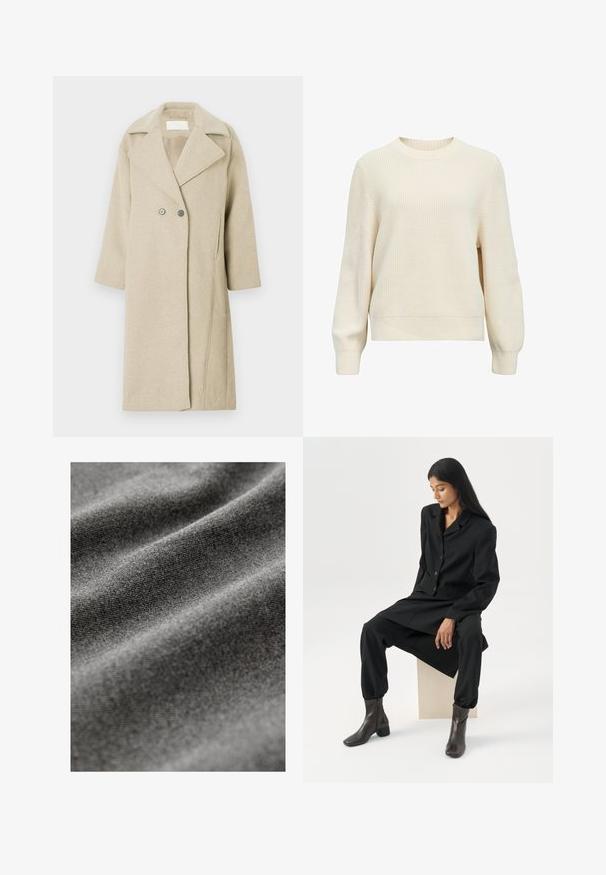 Manteau en mélange de laine beige avec un col à revers, des boutons double-breasted et des manches mi-longues. Texture lisse avec une coupe droite.; Pull crème en maille texturée, avec un col rond, des manches longues et des poignets et ourlet côtelés. Design simple de couleur unie.; Tissu gris avec une surface douce et texturée, affichant des motifs subtils formés par de doux plis et rides.; Femme aux longs cheveux foncés assise, portant un blazer noir ample, un pantalon large assorti et des bottines foncées, sur un fond blanc uni.