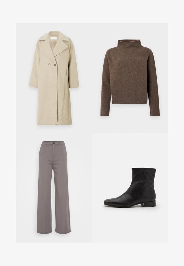 Manteau en mélange de laine beige avec un col à revers, des boutons double-breasted et des manches mi-longues. Texture lisse avec une coupe droite.; Pull marron court avec un col haut à revers, des manches longues et un tissu doux et texturé. Design minimaliste sans matériel visible.; Pantalons à jambe large en tissu gris doux. Dotés d'une fermeture à bouton et de coutures nettes. Texture lisse sans motifs ni embellissements visibles.; Botte cheville en cuir noir avec un bout pointu, texture lisse, design minimaliste et un petit talon carré. La fermeture éclair sur le côté monte jusqu'à la cheville.