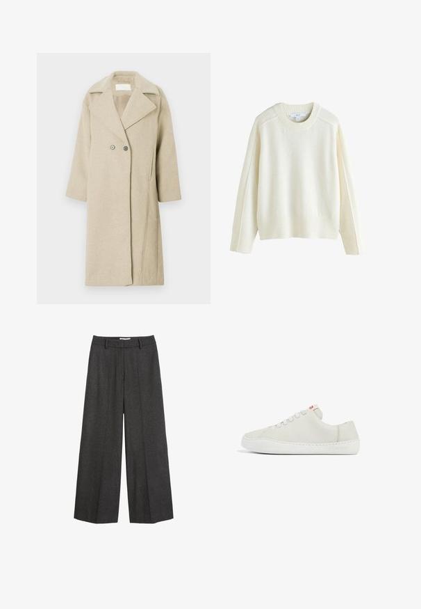 Beige uldblandingsfrakke med klapkrave, dobbeltradede knapper og mellemlange ærmer. Glat tekstur med lige snit.; Next CREW NECK - Striktrøje - ecru; Bredde bukser i mørkegrå stof. Har en skræddersyet talje med bæltesløjfer, glat tekstur og minimale syninger som detaljer.; Hvide lædersneakers med lav profil, rund tå, flad snørebåndslukning og hvid gummisål. Udstyret med diskret syning og et lille logo.