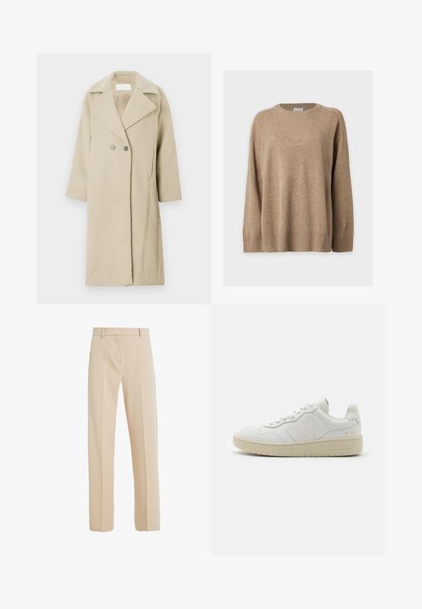 Manteau en mélange de laine beige avec un col à revers, des boutons double-breasted et des manches mi-longues. Texture lisse avec une coupe droite.; Pull en maille beige à manches longues avec poignets, bas et col rond côtelés, présenté à plat sur fond blanc.; Pantalons beige ajustés en tissu lisse, avec une coupe droite, des poches latérales et des détails de pli à l'avant.; Baskets en cuir blanc avec une boîte à orteils perforée, semelle en caoutchouc beige contrastante et accents de logo sur le côté et le talon. Design minimaliste.