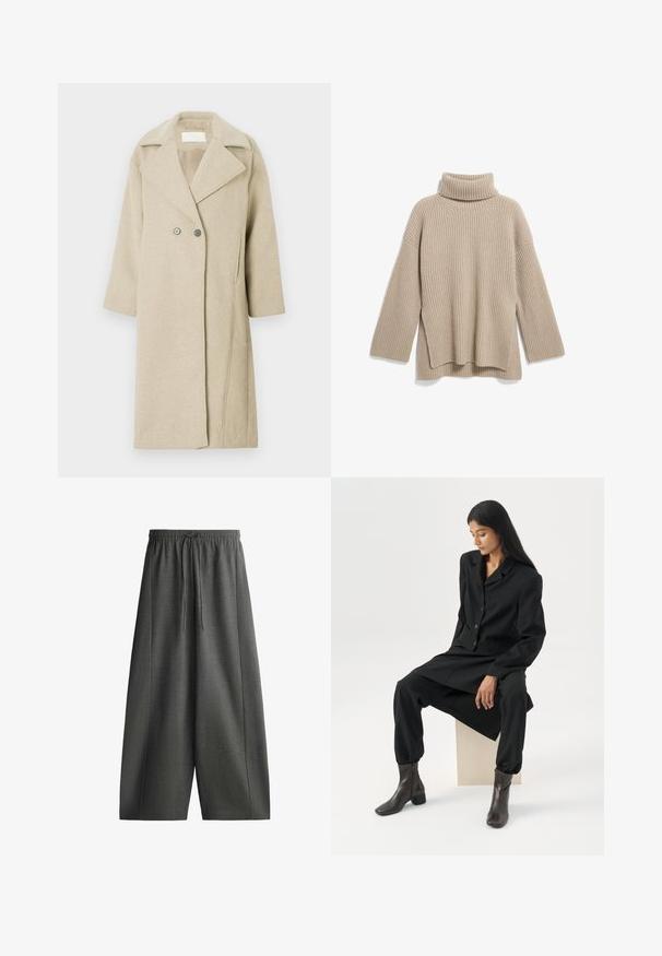 Manteau en mélange de laine beige avec un col à revers, des boutons double-breasted et des manches mi-longues. Texture lisse avec une coupe droite.; Pull en col roulé beige à côtes, avec une coupe décontractée, doté de manches longues et d'un ourlet fendu sur le côté, fabriqué en un tissu tricoté doux et texturé.; Pantalon gris foncé à jambes larges, taille élastique avec cordon de serrage, coupe ample et décontractée.; Femme aux longs cheveux foncés assise, portant un blazer noir ample, un pantalon large assorti et des bottines foncées, sur un fond blanc uni.