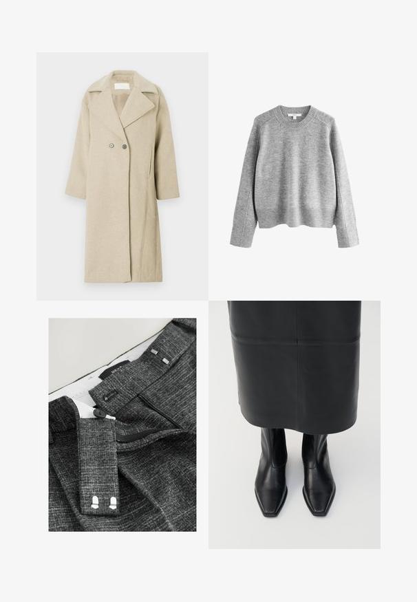 Manteau en mélange de laine beige avec un col à revers, des boutons double-breasted et des manches mi-longues. Texture lisse avec une coupe droite.; Pull gris en tissu tricoté, avec un col rond, des poignets et un ourlet côtelés, offrant une coupe décontractée et un design légèrement court.; Des pantalons gris texturés présentent une fermeture à bouton, une fermeture éclair et des passants de ceinture en tissu, avec une doublure intérieure blanche et des détails de couture distincts.; Bottes montantes en cuir noir avec un design à bout carré et une fermeture éclair sur le côté. Texture lisse et matériel minimal ; associées à une jupe en cuir noir.
