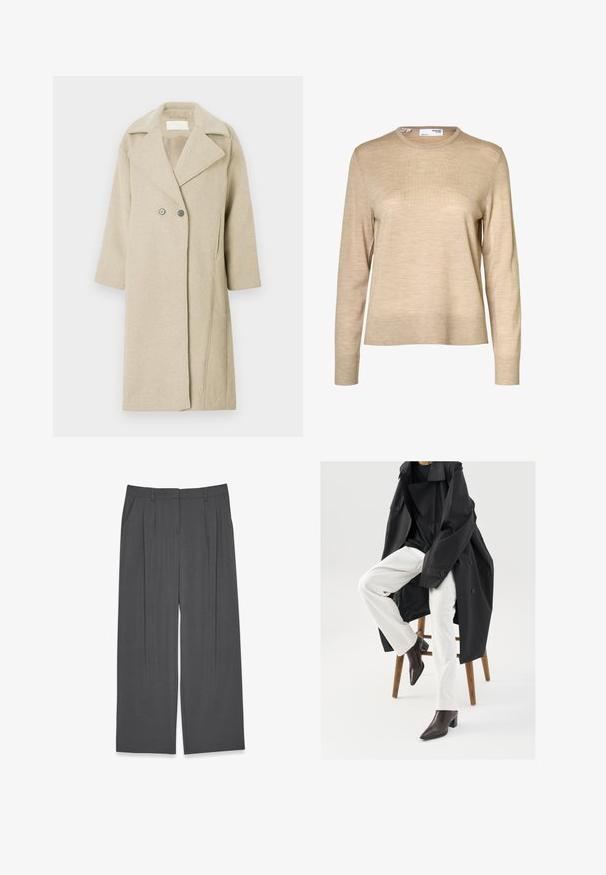 Beige uldblandingsfrakke med klapkrave, dobbeltradede knapper og mellemlange ærmer. Glat tekstur med lige snit.; Beige langærmet uldsweater med rund hals og ribstrikkede manchetter og kant, vist mod en hvid baggrund.; Grå vid benbukser lavet af et glat stof, med folder foran og sidelommer. Simpelt design med en struktureret pasform.; Sort, oversized trenchcoat over en sort top, parret med hvide bukser og brune, spidse ankelstøvler, siddende på en træstol.