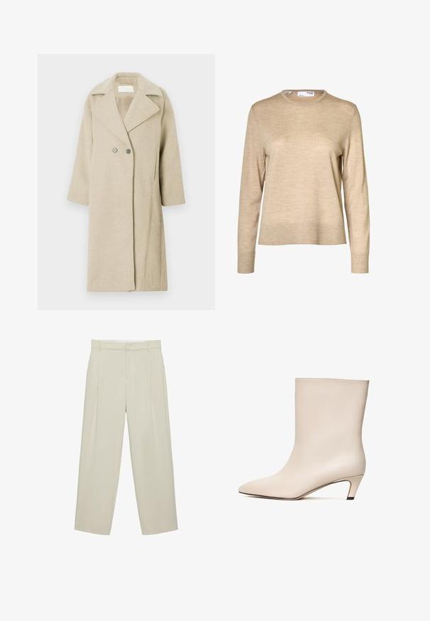 Beige uldblandingsfrakke med klapkrave, dobbeltradede knapper og mellemlange ærmer. Glat tekstur med lige snit.; Beige langærmet uldsweater med rund hals og ribstrikkede manchetter og kant, vist mod en hvid baggrund.; Beige højtaljede skræddersyede bukser med sidelommer, bæltestropper og lynlås foran, i en rette bukseben pasform.; Beige læder ankelstøvle med spids tå og konisk hæl. Glat tekstur med minimal syning og en strømlinet silhuet.
