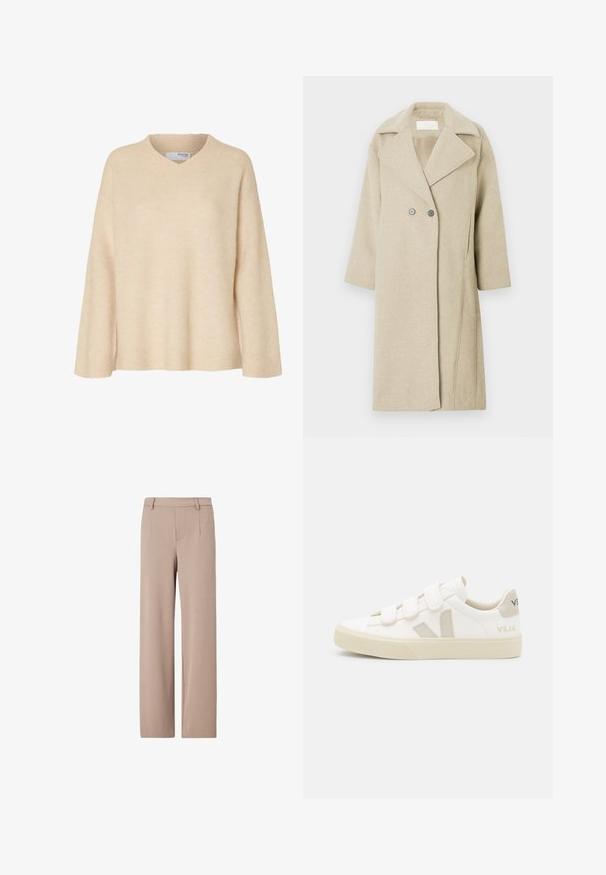 Manteau en mélange de laine beige avec un col à revers, des boutons double-breasted et des manches mi-longues. Texture lisse avec une coupe droite.; Pull beige à manches longues avec col en V et col côtelé, en tissu tricoté doux, conçu pour les femmes.; Pantalon beige taille haute à jambes larges, avec passants de ceinture, plis devant et fermeture avant dissimulée.; Baskets blanches avec des bandes Velcro, accents en daim beige, semelle en caoutchouc texturée et logo V gris. Design minimaliste, forme arrondie.