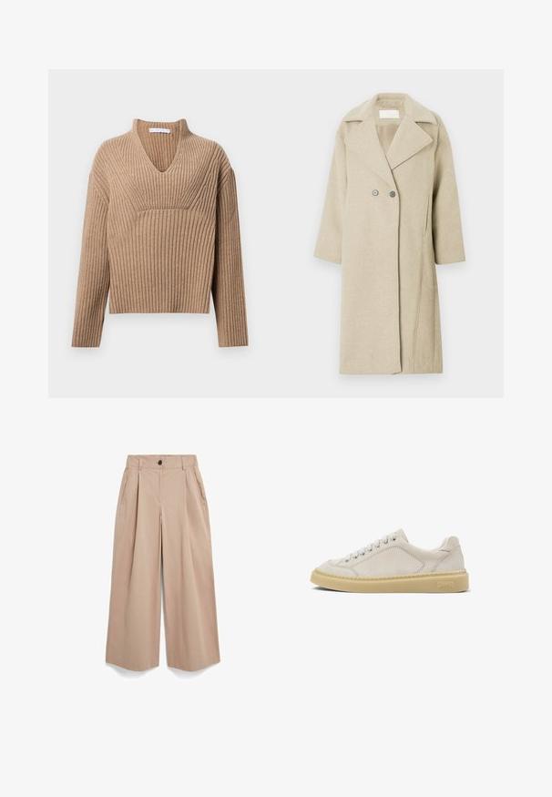 Manteau en mélange de laine beige avec un col à revers, des boutons double-breasted et des manches mi-longues. Texture lisse avec une coupe droite.; Pull en tricot côtelé beige avec un décolleté en V profond, des manches longues et un panneau texturé au niveau de la poitrine. Longueur cropped avec une coupe décontractée.; Pantalon beige à jambes larges avec plis, poches latérales, passants pour ceinture et fermeture par bouton à la taille, présenté sur un fond blanc.; Baskets basses en suède beige avec lacets blancs et semelle épaisse en caoutchouc marron clair, logo Camper embossé sur le côté du talon.