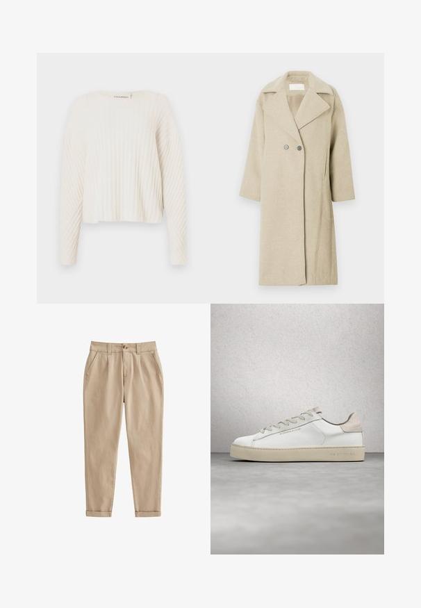 Beige uldblandingsfrakke med klapkrave, dobbeltradede knapper og mellemlange ærmer. Glat tekstur med lige snit.; CLOSED CREW NECK - Striktrøje - ecru; Beige chinos lavet af let bomuldsstof. Har en tilspidset benform, frontfolder, sidelommer og rullede manchetter. Børstet tekstur.; Hvide lædersneakers med en glat overflade, beige ruskindsdetaljer, rund tå, flad snørebåndsdesign og en struktureret gummisål.