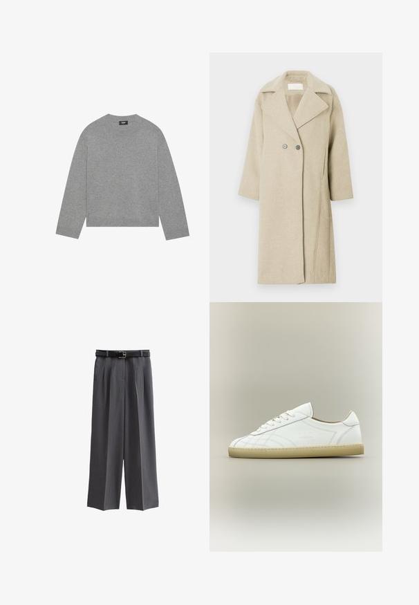 Beige uldblandingsfrakke med klapkrave, dobbeltradede knapper og mellemlange ærmer. Glat tekstur med lige snit.; Grå strikket sweater med lange ærmer, rund halsudskæring og ribbet kant. Fremstillet af blødt materiale, har et minimalistisk design uden mønstre.; Grå brede bukser lavet af struktureret stof, med et sort bælte med en kvadratisk spænde og frontfolder. Lomme med enkel design er inkluderet.; Hvid lavtop lædersneaker med beige sål, snøredesign og subtile syede mønstre på neutral baggrund.