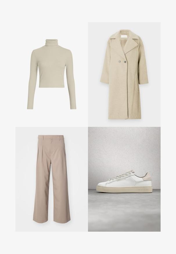 Abrigo de mezcla de lana beige con cuello muesca, botones de doble botonadura y mangas de longitud media. Textura suave con un corte recto.; Top de manga larga de cuello alto en color beige claro con un diseño ajustado. Presenta una etiqueta de logo sutil en el dobladillo. Textura suave.; Pantalones beige de pierna ancha con plisados, hechos de una tela suave. Presentan una cintura de altura media y una silueta limpia y ajustada.; Zapatilla de deporte blanca de cuero con un acabado suave, acentos de gamuza beige, punta redonda, diseño plano con cordones y suela de goma texturizada.