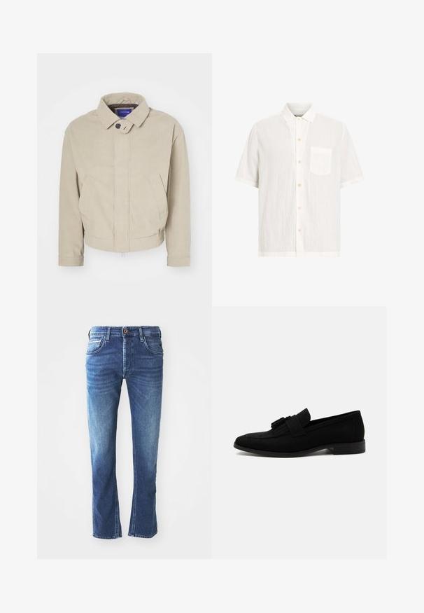Beige corduroy jas met een kraag, knoopsluiting en voorzakken; heeft een gestructureerde stof en een cropped zoom.; Witte shirt met korte mouwen, gemaakt van gebroken stof, met een knoopsluiting aan de voorkant, een puntige kraag en een enkele borstzak.; Donkerblauwe spijkerbroek met een rechte pijpdesign, voorzien van vijf zakken, een bruine knoopsluiting en subtiele lichte vervaging op de bovenbenen.; Zwarte leren loafer met lage hak, ronde neus en decoratieve kwastjes op de wreef, zijaanzicht tegen een witte achtergrond.