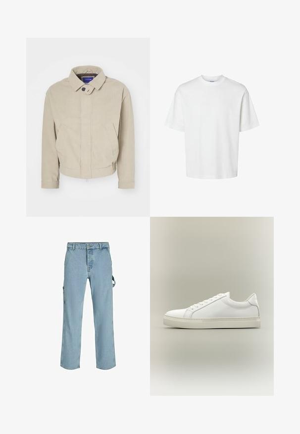 Beige fløjlsjakke med krave, knappelukning og forlommer; har et struktureret stof og en kortet længde.; Enkel hvid t-shirt med korte ærmer, rund hals og løs pasform vist på hvid baggrund.; Lysblå denim cargo bukser med en afslappet pasform, der har sideløkker til tilkobling og frontlommer, og viser en falmet tekstur.; Hvid lavtop sneaker med snørebånd foran og tyk sål, vist fra siden mod en neutral baggrund.