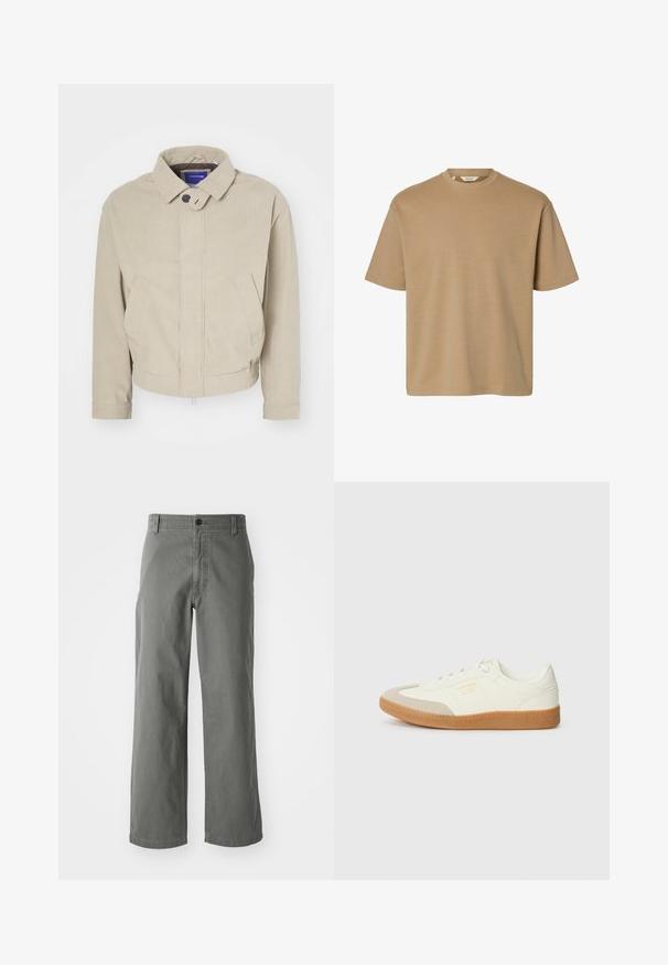 Veste en velours côtelé beige avec un col chemise, fermeture à boutons et poches avant ; présente un tissu texturé et un ourlet court.; T-shirt beige à manches courtes avec col rond, coupe décontractée et design uni, présenté sur fond blanc.; Pantalons en coton gris avec une coupe droite, featuring une fermeture à bouton et des passants de ceinture, une texture lisse et sans motifs ni accents visibles.; Baskets en cuir blanc avec une coque beige et une semelle en caoutchouc marron clair. Dotées de lacets blancs plats et d'un logo embossé sur le côté.