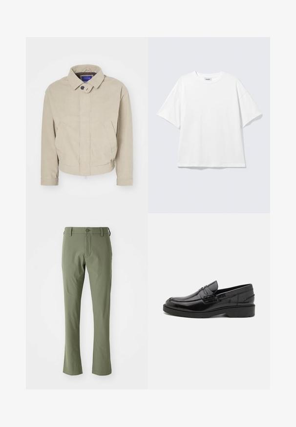 Beige fløjlsjakke med krave, knappelukning og forlommer; har et struktureret stof og en kortet længde.; Hvid oversized t-shirt med korte ærmer og rund halsudskæring med sænkede skuldre, fladt lagt på lys grå baggrund.; Grønne skræddersyede bukser med slim fit, lavet af glat stof. Har en frontlynlås, knaplukning og lige sømme.; Sorte læder loafers med en glat finish, rund tå, lav hæl og dekorativ syning langs forsiden. Gummisål for godt greb.