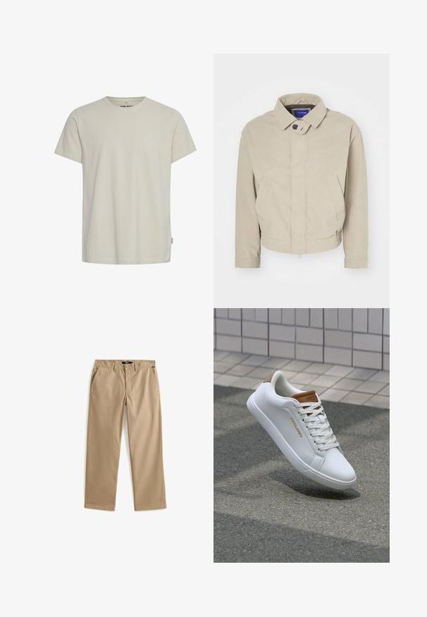 Beige corduroy takki, jossa on kauluskääntö, nappisulku ja etutaskut; siinä on teksturoitu kangas ja lyhyt helma.; Vaaleanbeige puuvillainen t-paita, jossa on pyöreä kaula-aukko ja lyhyet hihat. Rinnassa on pieni logo ja suora helma. Sileä rakenne.; Beigenväriset, suoralahkeiset chinot kevyestä puuvillakankaasta. Niissä on kaksi etutaskua ja napillinen suljenta. Sileä pinta, minimikoristelu.; Valkoiset nahkakengät tasaisella pinnalla, ruskeat korostukset kantapäässä, kultainen logo sivussa ja kumipohja, jossa on karheaa pitoa.