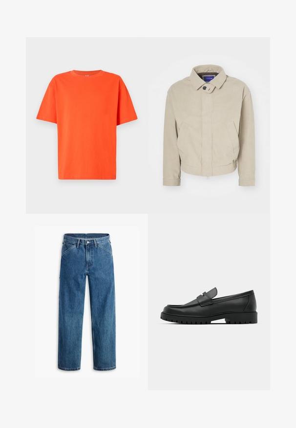 Beige corduroy jas met een kraag, knoopsluiting en voorzakken; heeft een gestructureerde stof en een cropped zoom.; Fel oranje T-shirt met korte mouwen en een ronde hals met een losse pasvorm, afgebeeld tegen een effen lichte achtergrond.; Blauwe denim jeans met rechte pijpen, voorzakken, riemlussen, metalen knoop en rits aan de voorkant, op een witte achtergrond.; Zwarte leren instappers met een ronde neus, voorzien van een gestikt ontwerp, een lage platformzool en een gestructureerde, grof rubberen buitenzool.